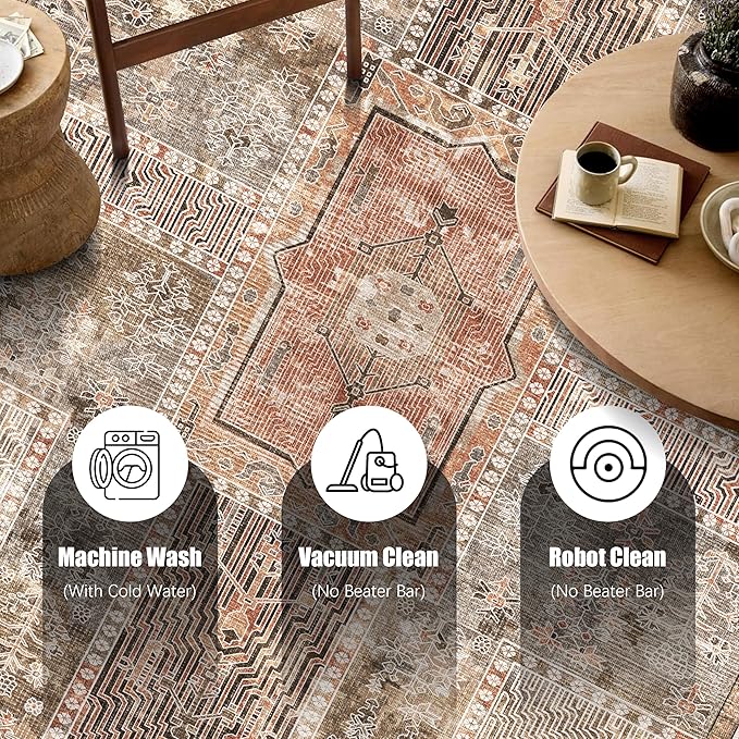 Vintage 4' x 6' Washable Area Rug - Stylish Indoor Rug for Living, Dining or Bedroom - Lightweight Carpet with Non-Slip Backing - Foldable for Easy Placement and Maintenance - Ivory