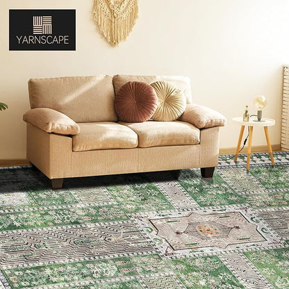 Vintage 8' x 10' Washable Area Rug - Stylish Indoor Rug for Living, Dining or Bedroom - Lightweight Carpet with Non-Slip Backing - Foldable for Easy Placement and Maintenance - Green