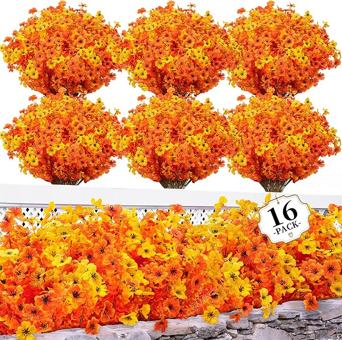 16 Bundles Artificial Mums for Outdoors/Indoors Faux Mums for Outdoor Planters, Eucalyptus Leaves Fall Flowers Artificial for Decoration Boxwood Garden Porch Window Home Wedding (Yellow&Red Orange)