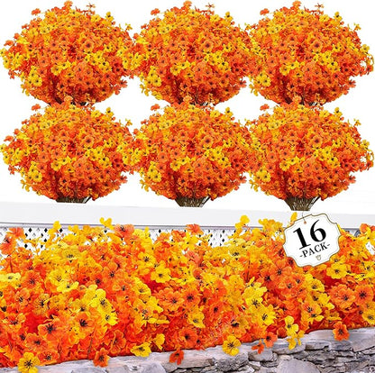 16 Bundles Artificial Mums for Outdoors/Indoors Faux Mums for Outdoor Planters, Eucalyptus Leaves Fall Flowers Artificial for Decoration Boxwood Garden Porch Window Home Wedding (Yellow&Red Orange)