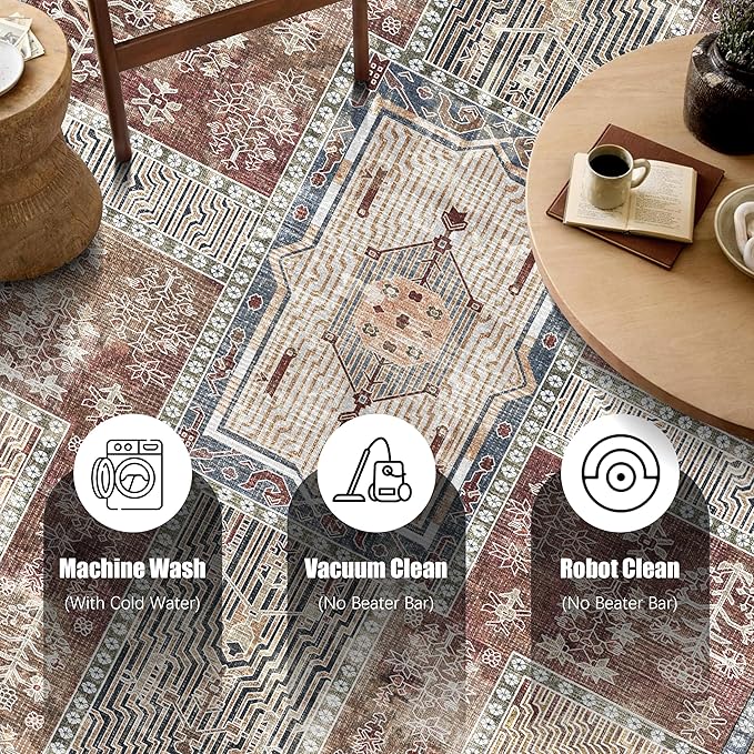 Vintage 4' x 6' Washable Area Rug - Stylish Indoor Rug for Living, Dining or Bedroom - Lightweight Carpet with Non-Slip Backing - Foldable for Easy Placement and Maintenance - Rust