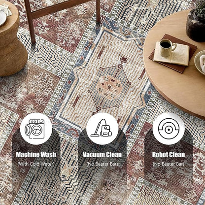Vintage 4' x 6' Washable Area Rug - Stylish Indoor Rug for Living, Dining or Bedroom - Lightweight Carpet with Non-Slip Backing - Foldable for Easy Placement and Maintenance - Rust