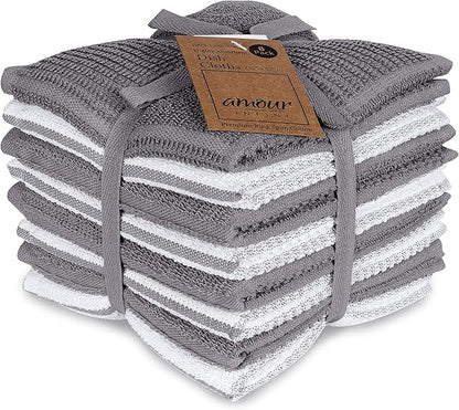 AMOUR INFINI Dish Cloths for Washing Dishes Set of 8 - Highly Absorbent, Super Soft Kitchen Dishcloths - Reusable Quick Dry Dish Rags for Cleaning & Drying Kitchen Linens (12x12 Inch - L.Grey)