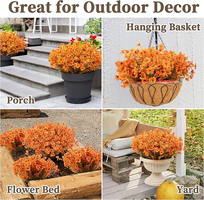 18 Bundles Artificial Mums for Outdoors/Indoors Faux Mums for Outdoor Planters, Eucalyptus Leaves Fall Flowers Artificial for Decoration Boxwood Garden Porch Window Home Wedding(Fall Orange)