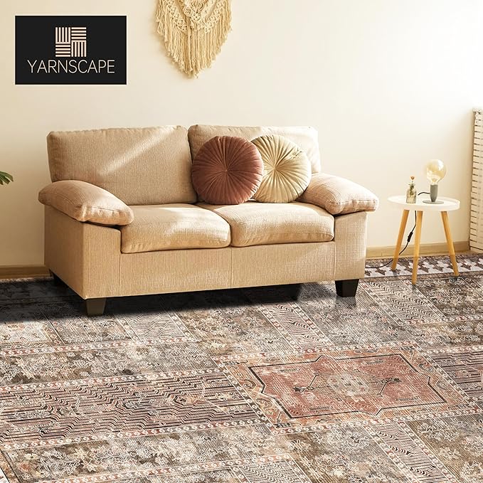Vintage 8' x 10' Washable Area Rug - Stylish Indoor Rug for Living, Dining or Bedroom - Lightweight Carpet with Non-Slip Backing - Foldable for Easy Placement and Maintenance - Ivory