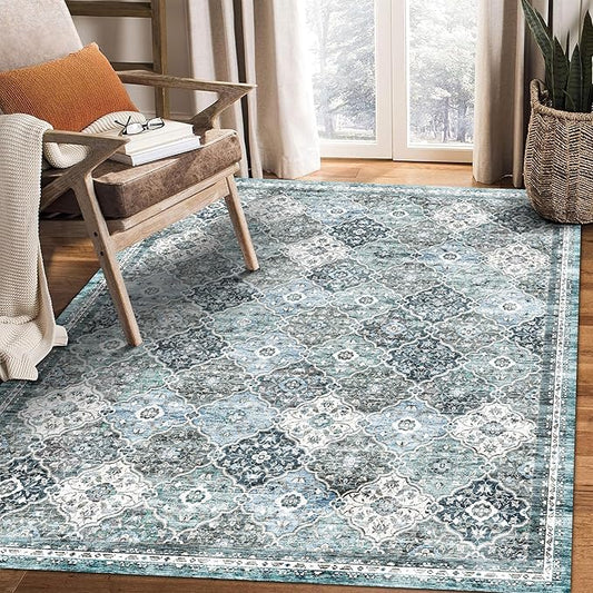 4' x 6' Washable Area Rug - Low Pile Soft Vintage Indoor Rug for Living, Dining or Bedroom - Lightweight Carpet with Non-Slip Backing - Foldable for Easy Placement, Ocean Blue