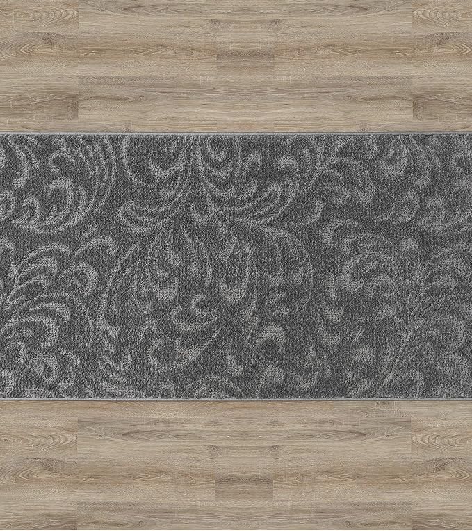 3 Ft Non-Slip Dark Grey Anthracite Doormat - 2'7" X 3' Washable Carpet - Rubber Backed, Charcoal Custom Size Floor Mat for Stairs Bedroom Bathroom Entryway - Floral Pattern