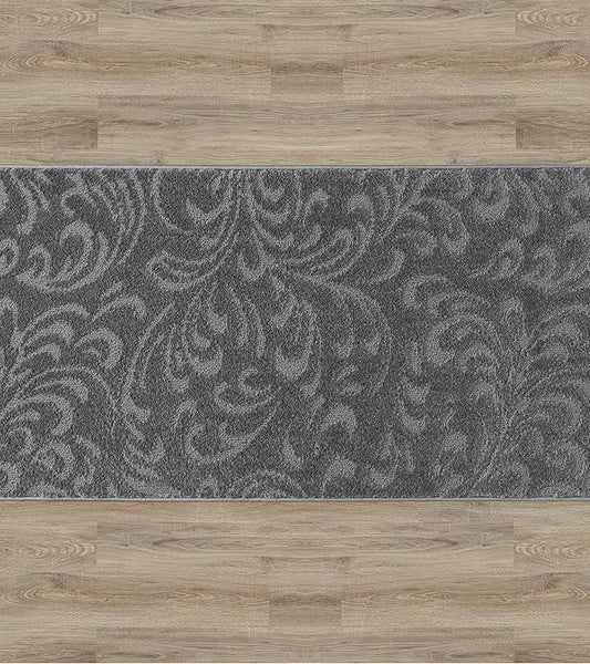 4 Ft Non-Slip Dark Grey Anthracite Doormat - 2'7" X 4' Washable Carpet - Rubber Backed, Charcoal Custom Size Floor Mat for Stairs Bedroom Bathroom Entryway - Floral Pattern