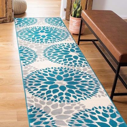 Rugshop Modern Floral Circles Design for Living Room,Bedroom,Home Office,Kitchen Non Shedding Runner Rug 2' x 10' Blue