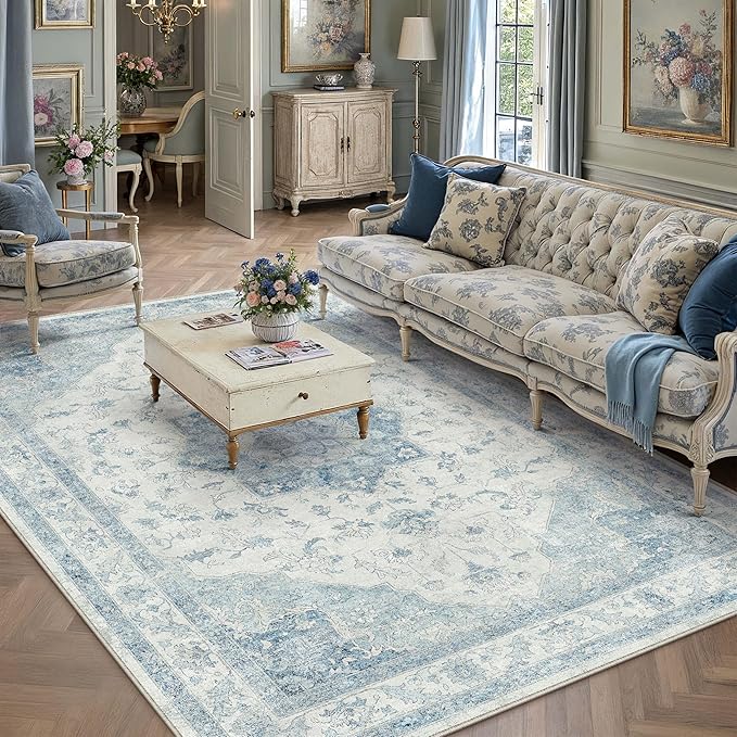 Blue Area Rug 8x10 Washable Vintage Carpet for Living Room Bedroom Large Soft Retro Low Pile Thin Indoor Rug Non Slip Oriental Medallion Floor Cover for Dining Room Office