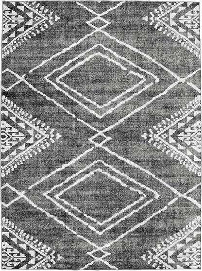 ReaLife Rugs Machine Washable Area Rug Runner - Living Room Bedroom Bathroom Kitchen Entryway Office - Padded Low Pile Stain Resistant Premium - Moroccan Diamond Tribal - Jax - Gray 3' x 5'
