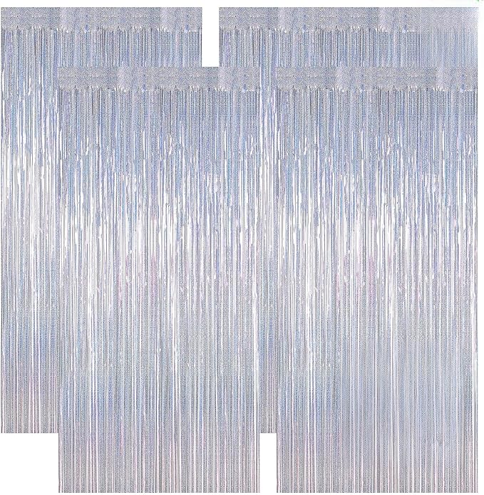 4 Pack NYE Silver Tinsel Foil Curtain, 3.28 FT x 7.05 FT Glitter Silver Tinsel Curtains, Metallic Foil Streamer Disco Fringe Backdrop Party Curtains, Birthday New Year Party Supplies Disco Decor