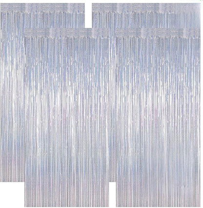 4 Pack NYE Silver Tinsel Foil Curtain, 3.28 FT x 7.05 FT Glitter Silver Tinsel Curtains, Metallic Foil Streamer Disco Fringe Backdrop Party Curtains, Birthday New Year Party Supplies Disco Decor