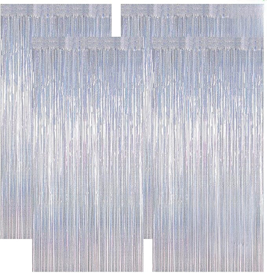 4 Pack NYE Silver Tinsel Foil Curtain, 3.28 FT x 7.05 FT Glitter Silver Tinsel Curtains, Metallic Foil Streamer Disco Fringe Backdrop Party Curtains, Birthday New Year Party Supplies Disco Decor
